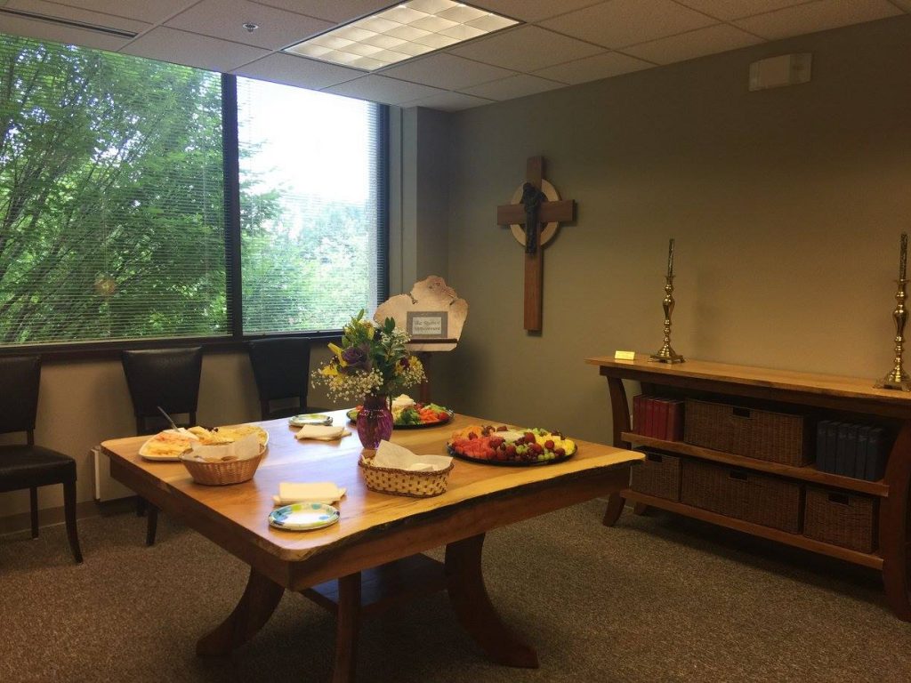 Conference room with beautiful woodwork by Jerry Wright at St. Luke's, Camillus. 