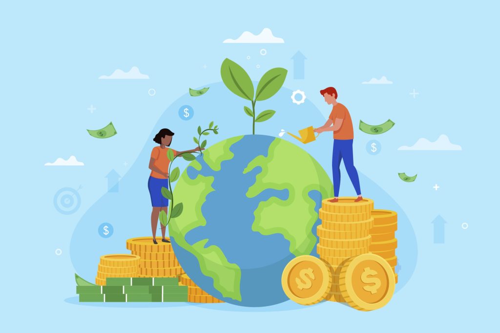Stock illustration of a blue and green earth against a light blue background. A generic plant is sprouting out of the top of the earth. On either side of the earth are faceless people watering and tending the earth; they are standing on stacks of generic coins and bills. 