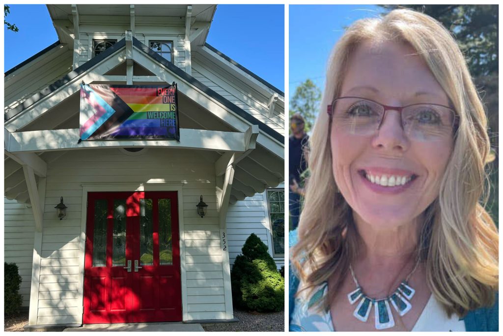 A collage of two photos: On the left, a straight-on view of Christ Church in Clayton, a simple white church with classic Episcopalian-red doors. It's prominently displaying a version of the Progress Pride flag that reads "EVERYONE IS WELCOME HERE." On the right, an image of Rev. Lisa Busby. She is a white woman with glasses and long blonde hair, but the BEST thing is she's smiling so broadly at the camera and you can just tell that she's someone who loves big and fights hard for the dignity of all. 
