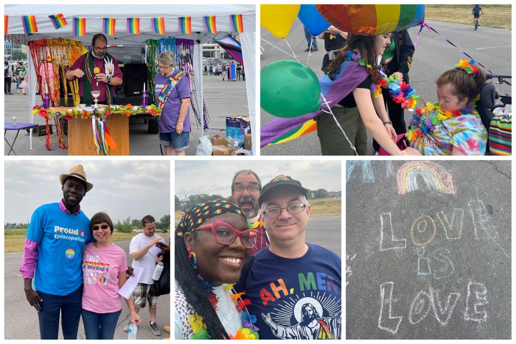 A photo collage of people (and a chalk drawing that reads "Love is Love") from CNY Pride in Syracuse on June 10, 2023. There is joy and resilience and beauty on everyone's faces as they come together to celebrate love and Christ. 