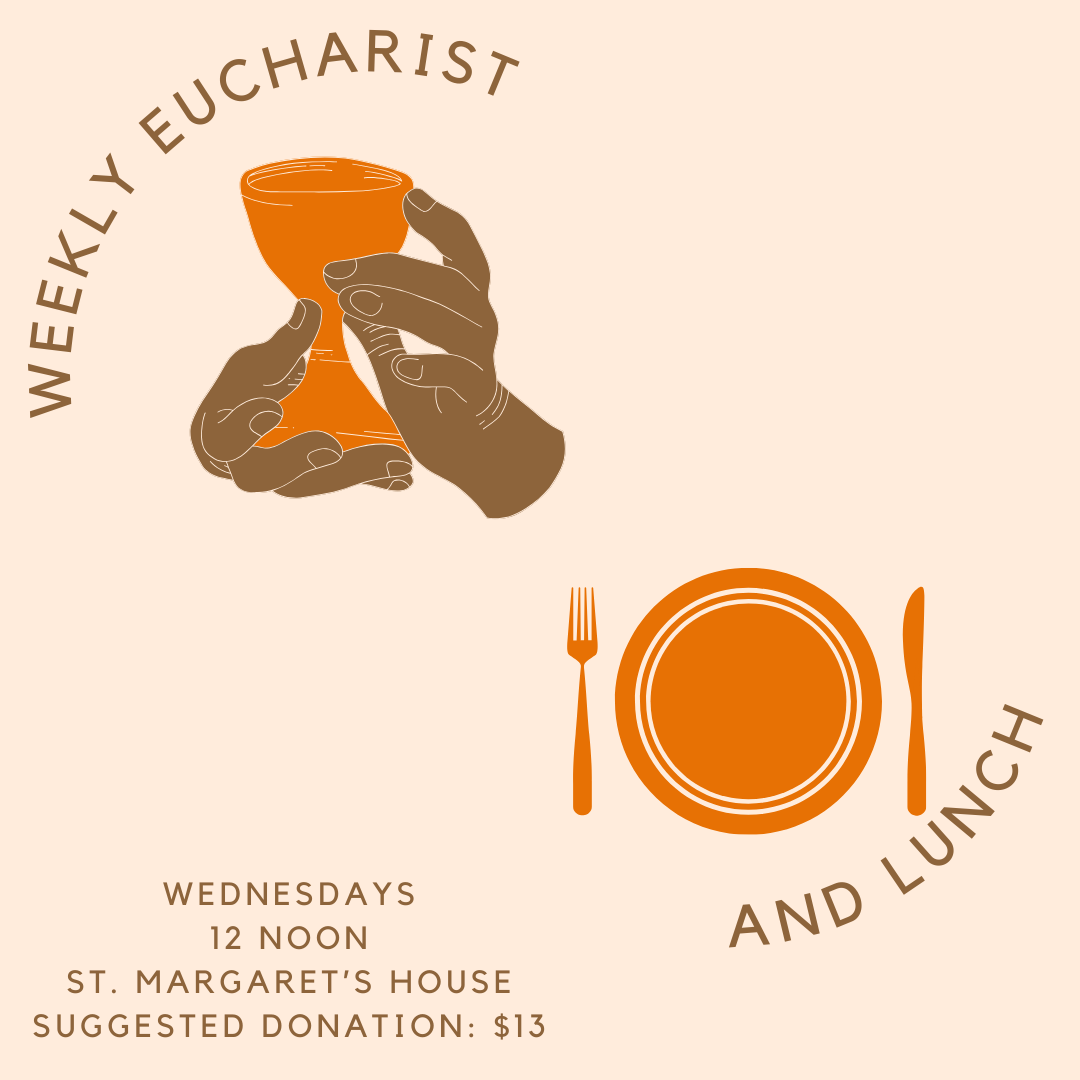 A minimalist graphic featuring a hand holding a chalice with the text "weekly eucharist and lunch" and event details below, accompanied by an illustration of a plate, fork, and knife.