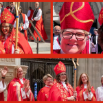 A collage of images from the consecration of Bishop Carrie. The overwhelming color is a jubilant red - the red of Pentecost! In the top left corner, an image shows Bishops DeDe and Carrie looking at Bishop DeDe's phone screen as she takes a "selves-ie". They're in full bishop regalia - mitres and all! - and standing in the bright sun on the steps outside of Washington National Cathedral. To the right of this image is the resultant selvesie! The image across the bottom of the collage shows Bishop Carrie standing with her crosier in front of the high altar at the cathedral. Behind her, you can see several bishops (including Bishop DeDe) and members of the altar party smiling and unfeigned joy and applauding the newly-consecrated bishop.