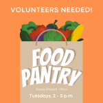 A colorful poster reading "volunteers needed!" with an illustration of a grocery bag filled with fresh vegetables including peppers and corn, advertising a food pantry event at grace church.