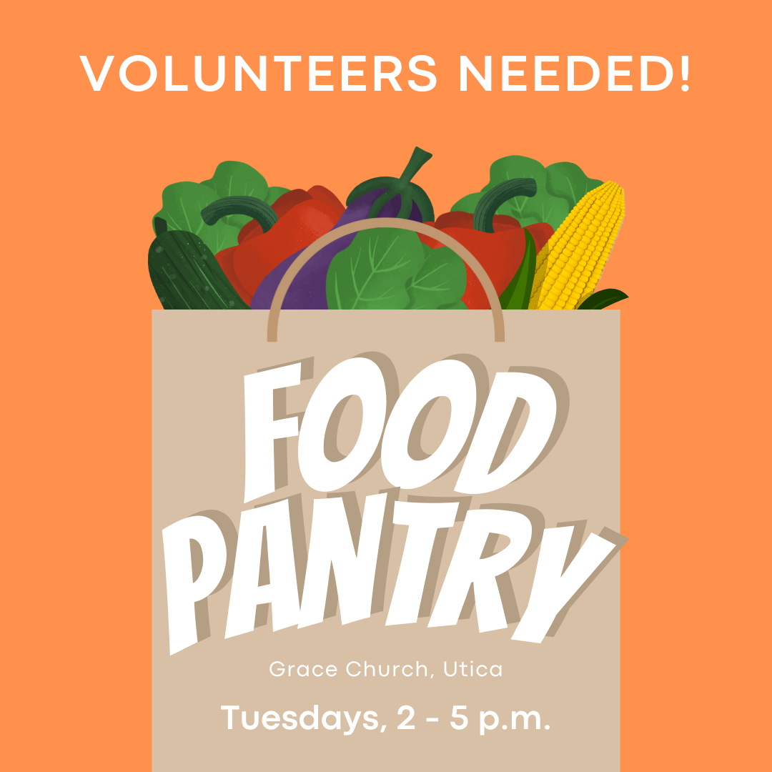 A colorful poster reading "volunteers needed!" with an illustration of a grocery bag filled with fresh vegetables including peppers and corn, advertising a food pantry event at grace church.