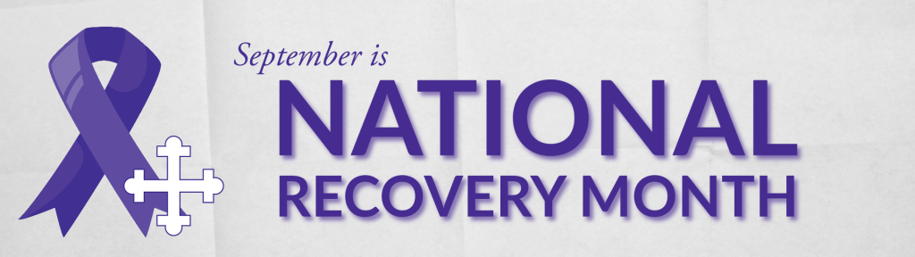 The image reads "September is National Recovery Month" in dark purple in front of a textured white background. The left side of the image includes a dark purple "remembrance" ribbon with a white CNY Diocese cross (outline in purple) superimposed over it. Dark purple is the color for Recovery Month.