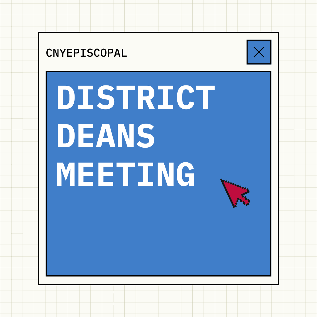 A digital screen displays "district deans meeting" in large white letters on a blue background, with a red digital pointer icon on the right side, all within a white and gray window frame.")]