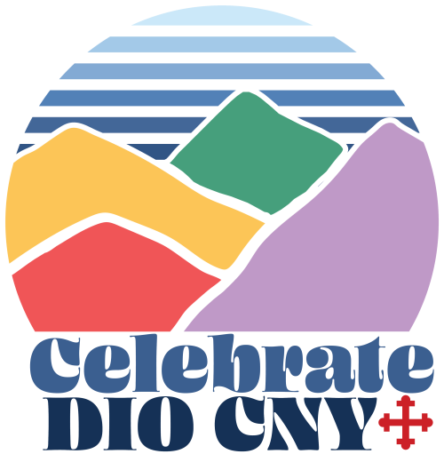 A somewhat abstract presentation of mountains and sky is in a circle cut out above the words "Celebrate DIO CNY" followed by the Episcopal Diocese of Central New York's cross. The image has a retro-yet-fresh feel