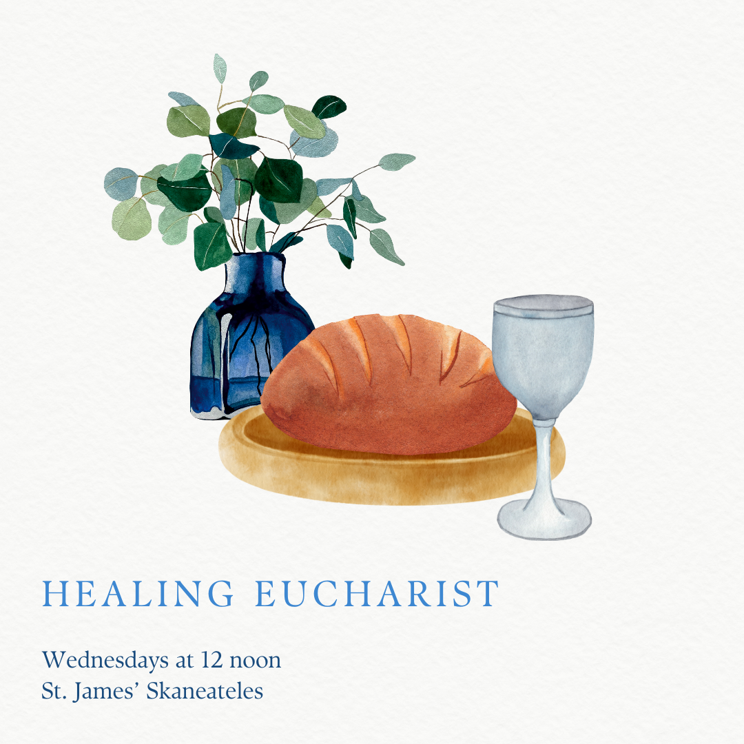 Watercolor illustration featuring a loaf of bread on a wooden board, a blue glass bottle with eucalyptus branches, and a clear glass next to text about a healing eucharist service.
