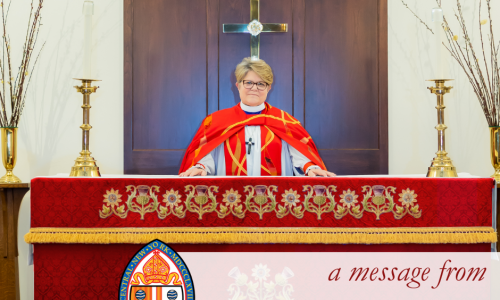 Image Description: Bishop DeDe stands behind an altar witha red frontal wearing a red chasuble and stole. She's smiling as she looks toward the camera. The bottom of the image reads "A message from Bishop DeDe," with the seal of the diocese.
