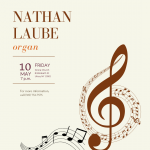 Image Description: Event poster for nathan laube's organ recital on may 10, at 7 p.m. at grace church in utica. with a graphic of a large treble clef intertwined with musical staff lines on a peach background.