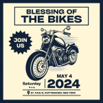 Vintage-style poster titled "blessing of the bikes," featuring a detailed illustration of a motorcycle, with event details for may 4, 2024, in chittenango, new york. includes a "join us" starburst badge.