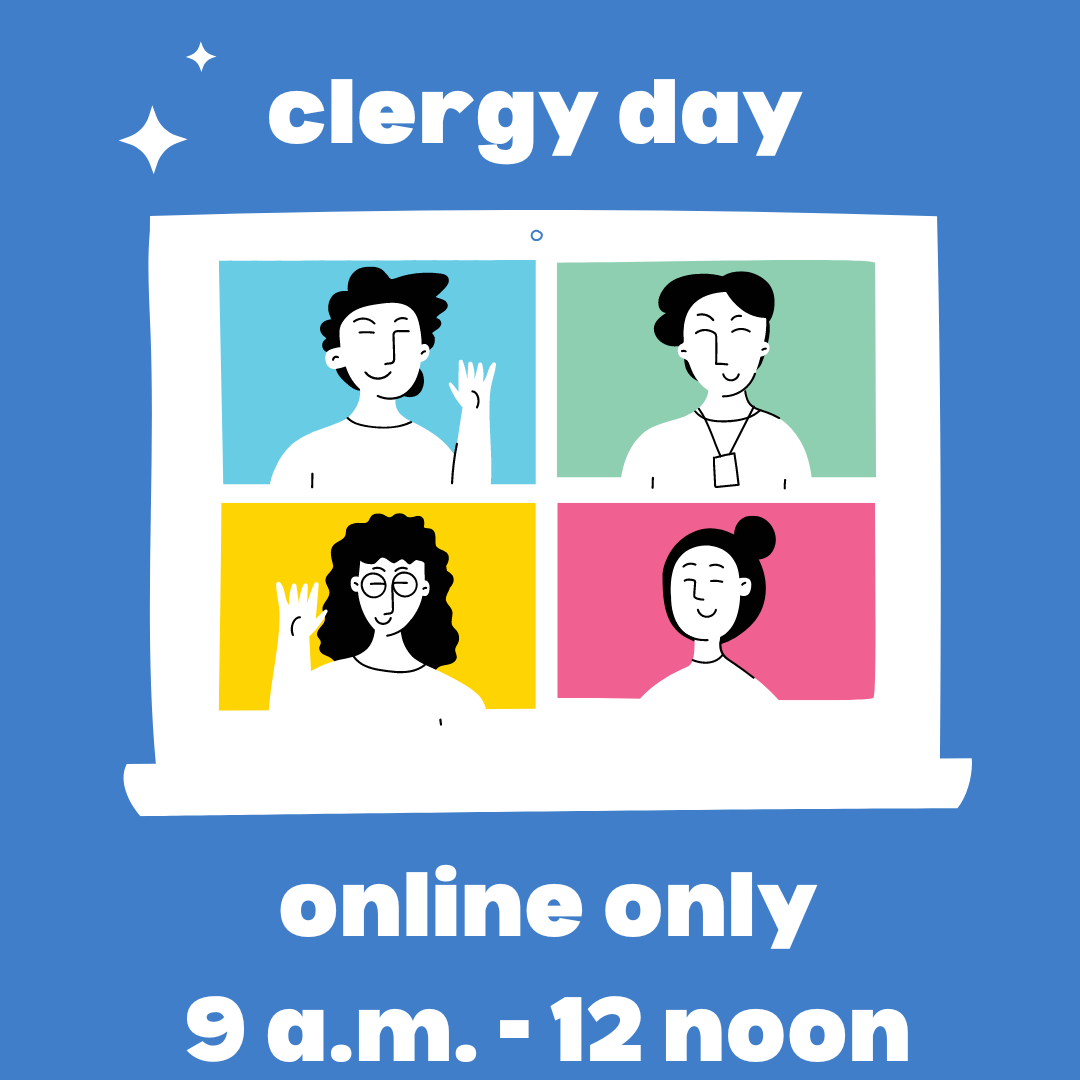 Illustration for "clergy day" showing a computer screen with four diverse clergy members in a video call grid, set against a blue background with text detailing event time.