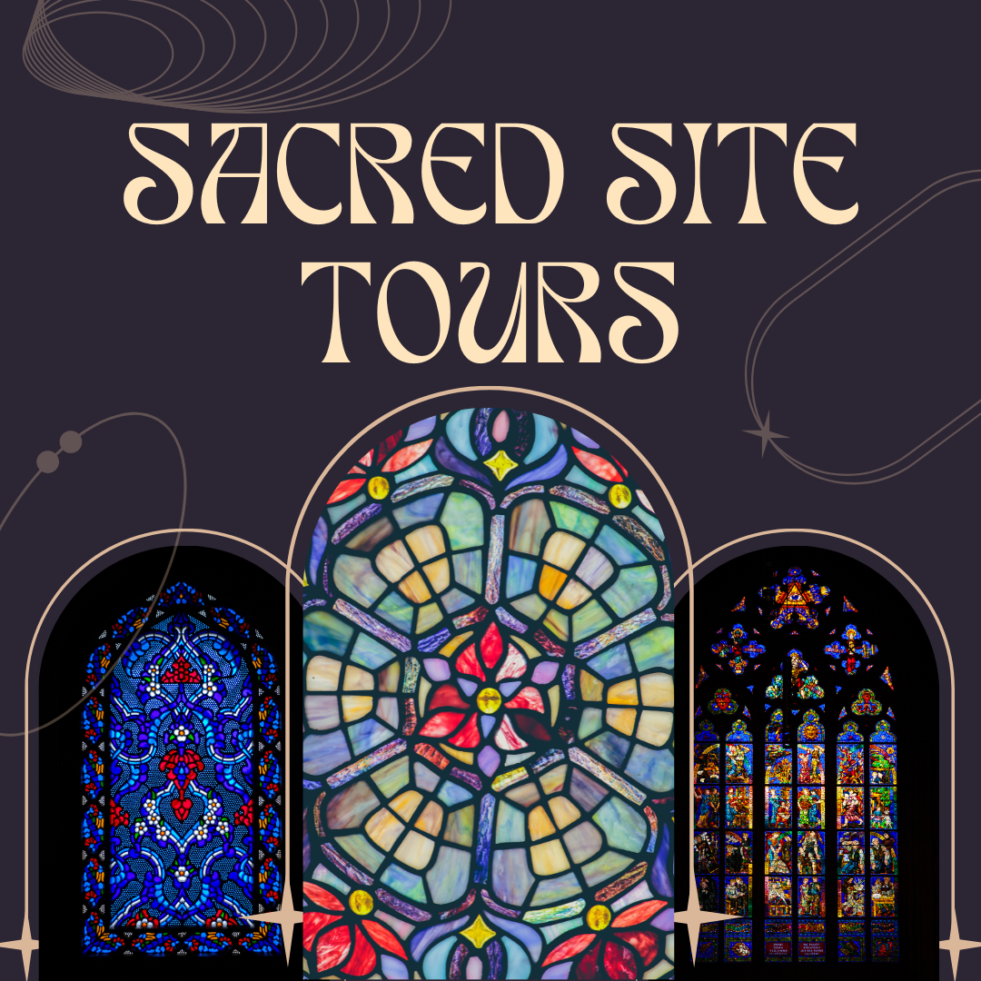 Image Description: graphic for "sacred site tours" featuring a dark background with celestial designs and three colorful stained-glass windows in gothic arch styles.