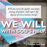 The image reads: "Will you strive for justice and peace among all people, and respect the dignity of every human being? We will with God's help" and includes the logo of the diocese. The background of the image is a photo of a light pink, white, and light blue trans pride flag.