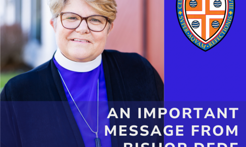 Image Description: Bishop DeDe, an individual with short hair and glasses, wearing clerical clothing, stands outdoors. Text on the image reads: "An important message from Bishop Dede - Current Title IV Process and Ongoing Safety Concerns." The seal of the Diocese of Central New York is shown on the right side.