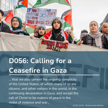 Image Description: A diverse group of people holding signs in support of a ceasefire in Gaza. One sign reads "If you stand ... you stand with justice" and another "Bombing kids is not defense." The overlay text reads "D056: Calling for a Ceasefire in Gaza" with a message calling for peace.