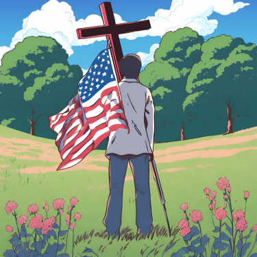 Image Description: An AI-Generated image of "Christian nationalist in a field" where a person is in a rolling field with lush trees and a blue sky with fluffy clouds in the background, red flowers in the foreground. The person is facing away, toward the trees. At first glance, it looks like they're holding a large cross and an American flag, but as you look more closely, you realize that the image is just... not quite right. The more you look at it, the more you realize that the different pieces just don't go together. 