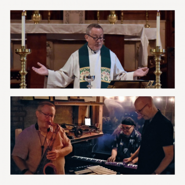 Image Description: The image is split into two parts. The top section shows a priest in church robes standing at an altar with his arms outstretched. The bottom section shows three musicians performing; one playing a saxophone, another on keyboard, and the third adjusting an electronic device. Fr. John Rohde is both the priest and the saxophonist.
