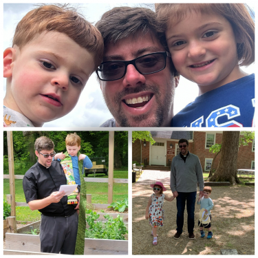 Image Description: A collage of three photos. The top photo shows a man with two children smiling. The bottom left photo shows the man reading a paper to a small child in a garden. The bottom right photo shows the man holding hands with the two children outdoors near a large house.